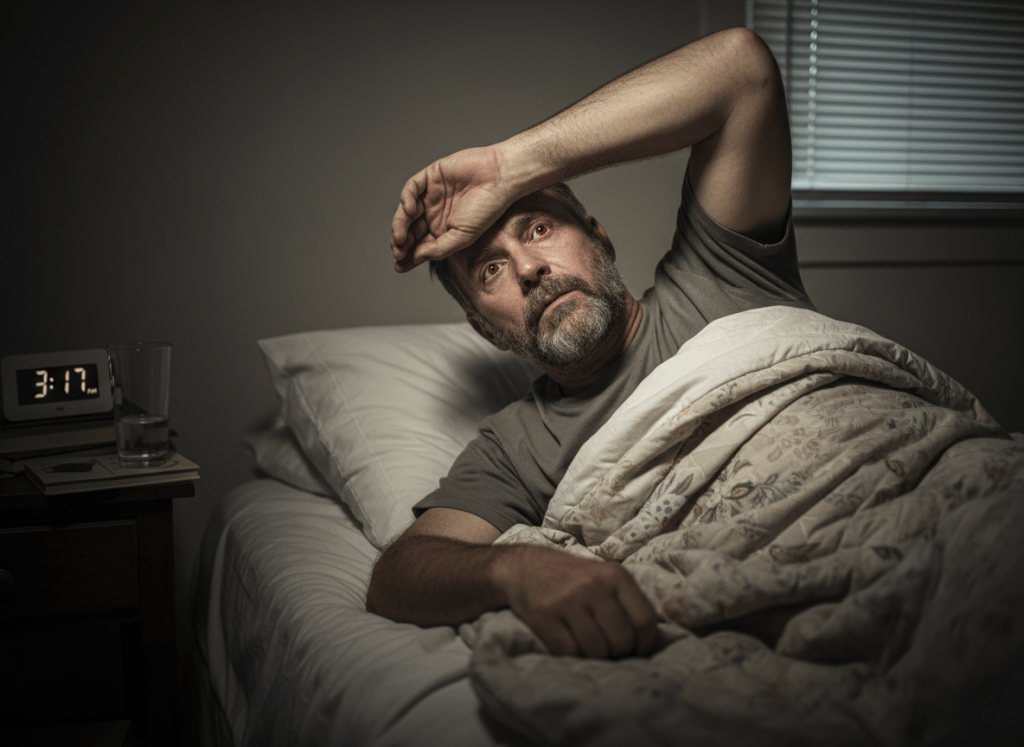 A man with red eyes lies awake in bed at 3:17 AM looking distressed.