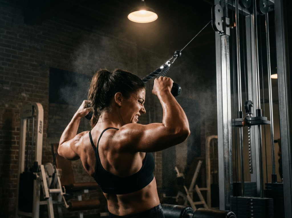 A muscular woman performs an intense cable pull-down exercise in a gym setting.