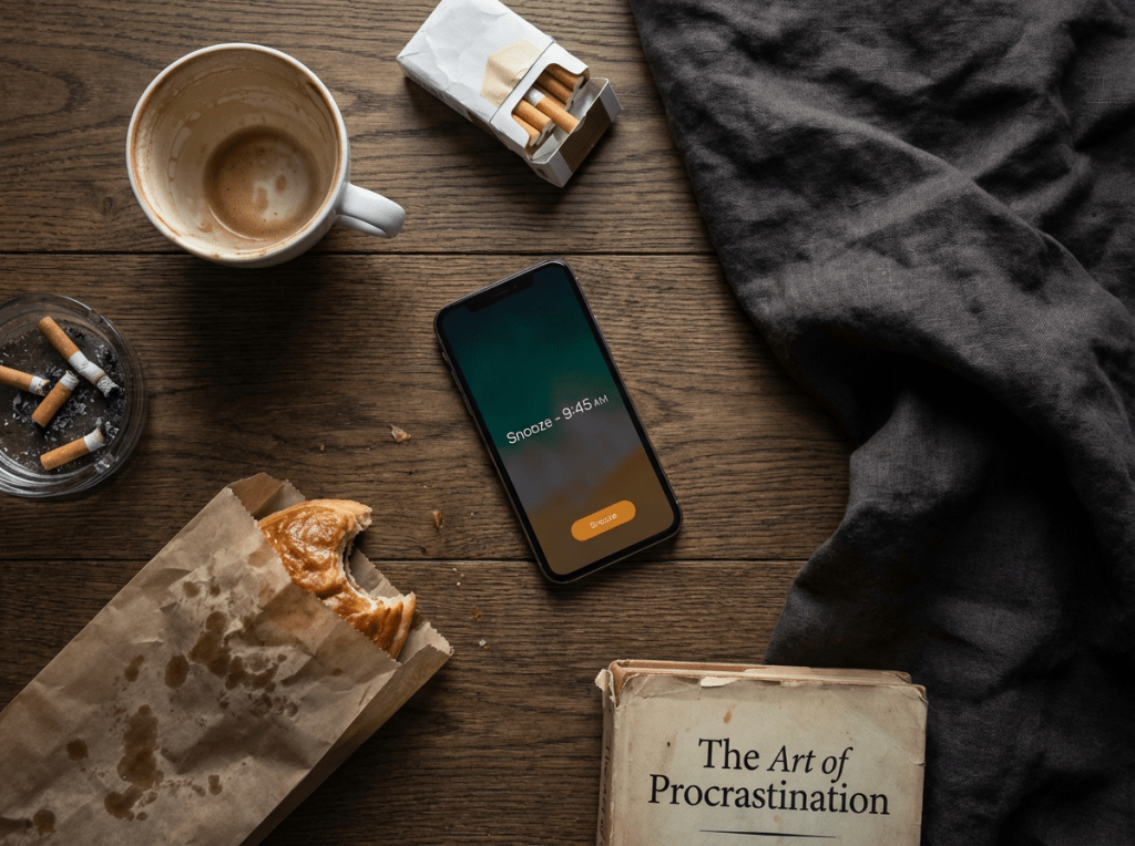 Smartphone showing a snooze alarm on a table with coffee, cigarettes, and a procrastination book.