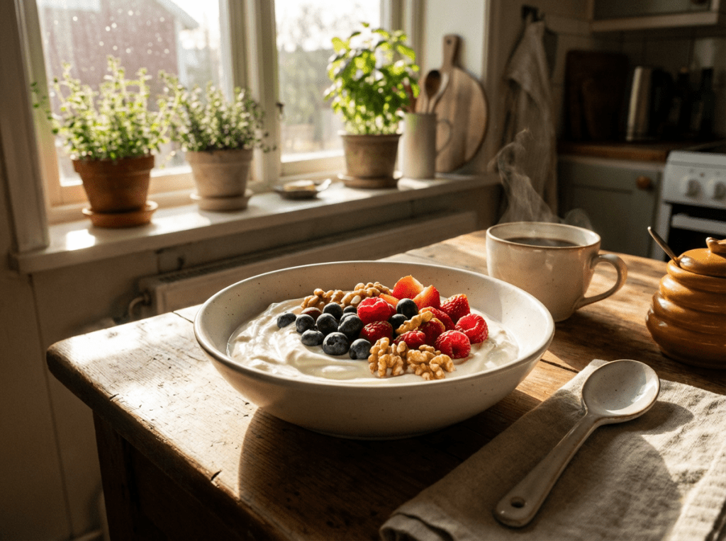 Yogurt bowl topped with fresh berries and walnuts next to a steaming cup of coffee.