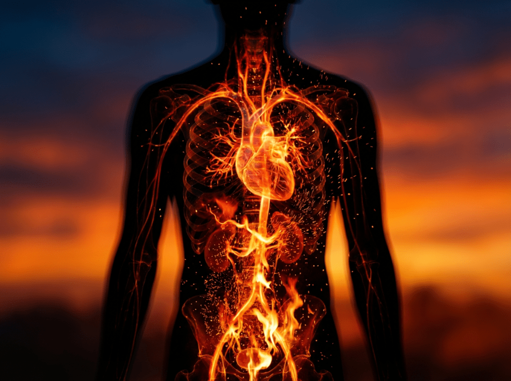 Glowing internal organs and skeleton shown within a human silhouette against a sunset background.