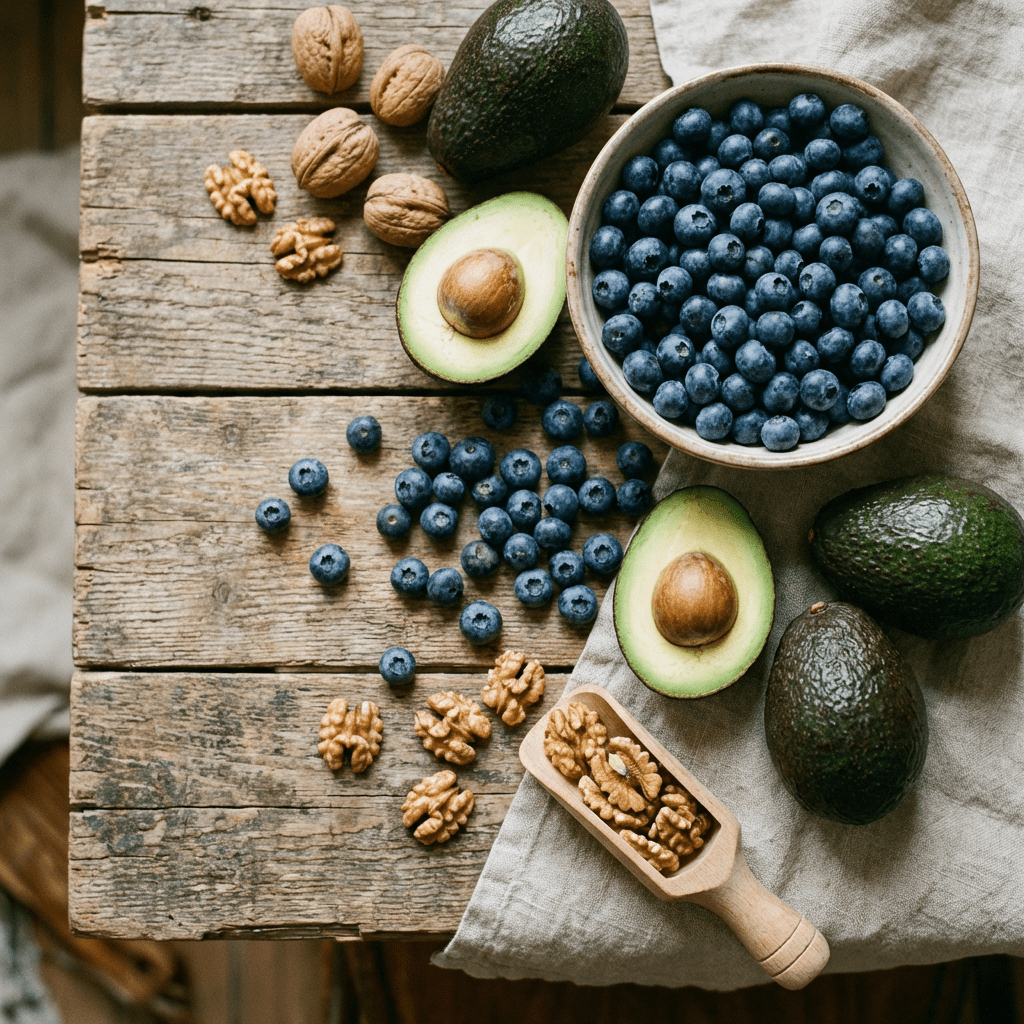 Fresh blueberries in a bowl, sliced avocados, and walnuts on a rustic wooden table.