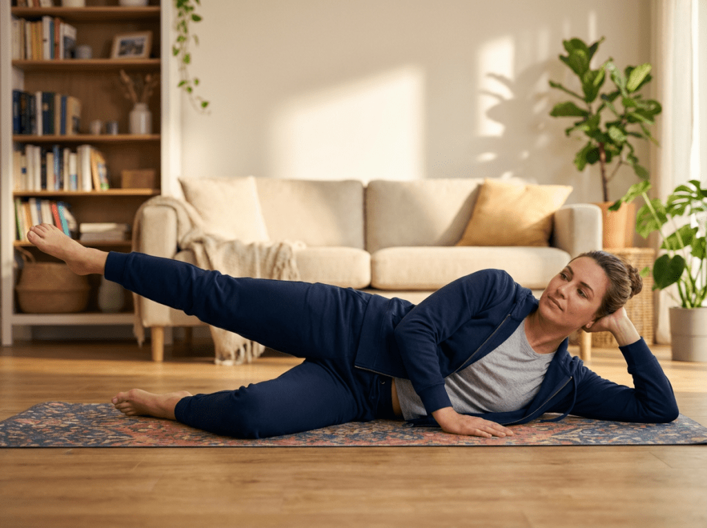 Woman in blue loungewear performing a side leg lift on a mat at home.