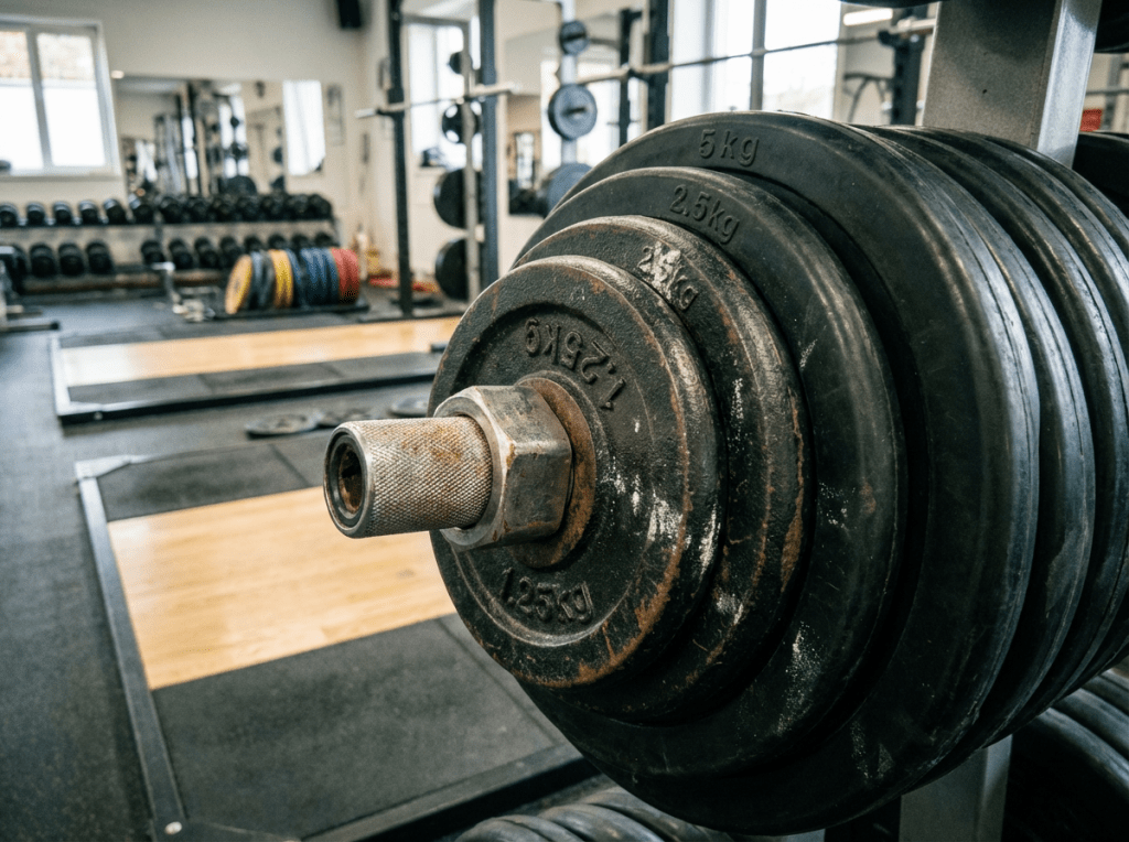 Close-up of stacked black iron weight plates with numerical labels on a rack in a gym.