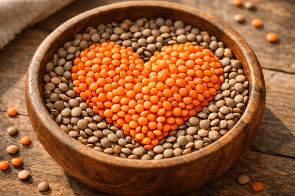 Red lentils forming a heart shape surrounded by green lentils in a wooden bowl
