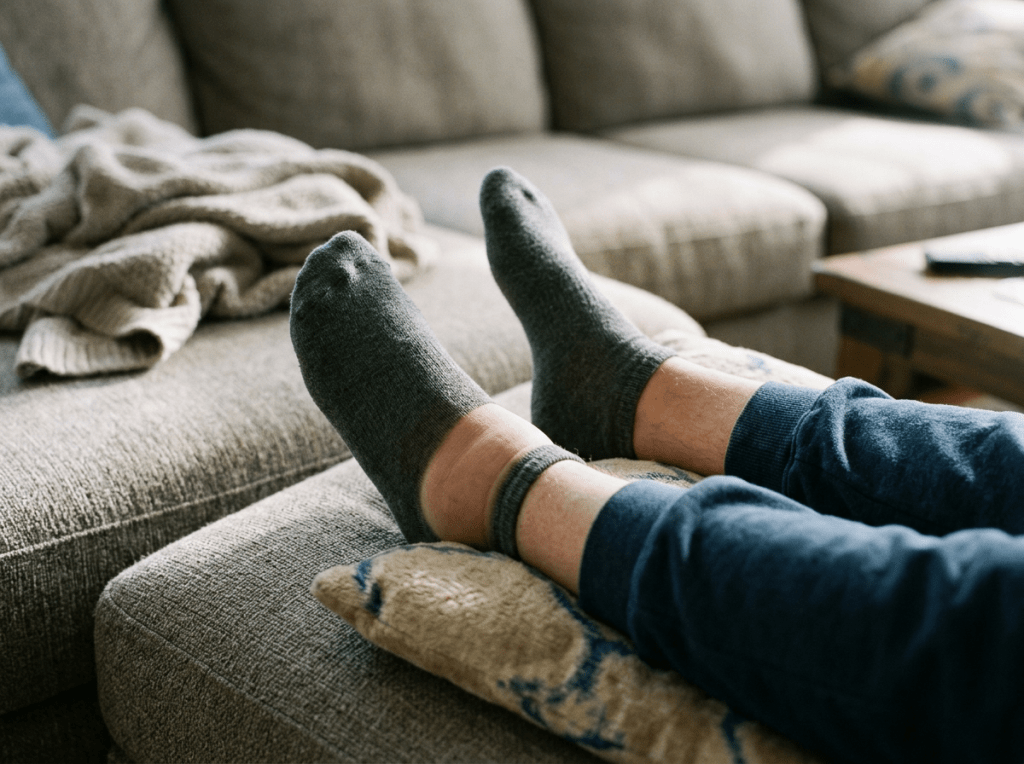 Person's feet in gray socks resting on a pillow on a beige couch ottoman
