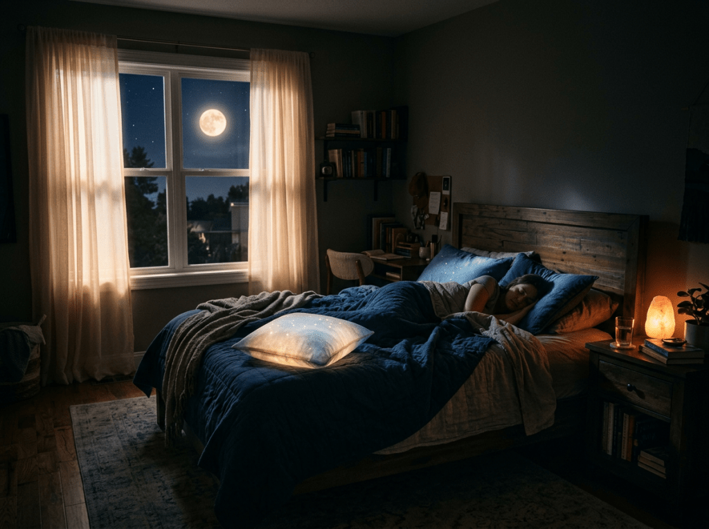 Person sleeping in a bed at night with a glowing pillow and full moon outside window