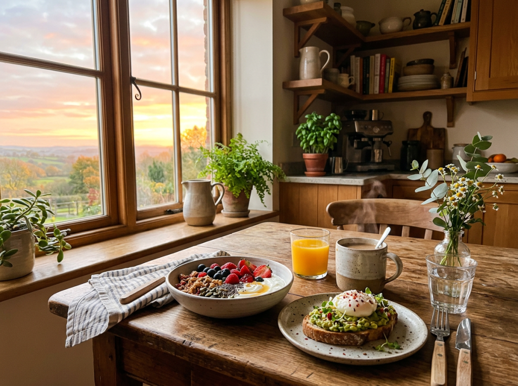 Breakfast with avocado toast, yogurt bowl, orange juice, and coffee on wooden table near window at sunrise