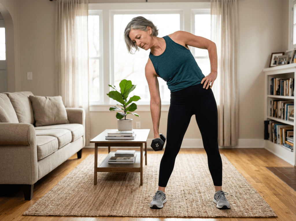 Woman performing side bend exercise with dumbbell in living room