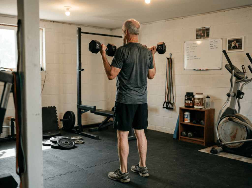 Older man lifting two 20-pound dumbbells in a home gym