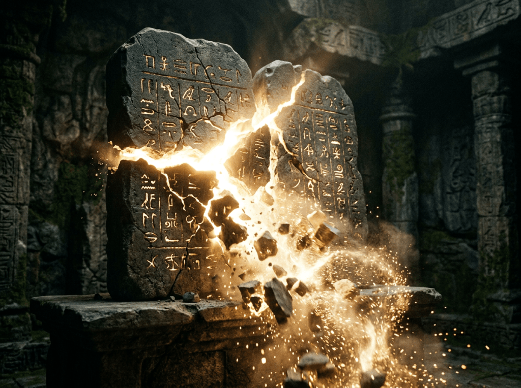 Cracked ancient stone tablet with glowing golden light and sparks emitting from the break