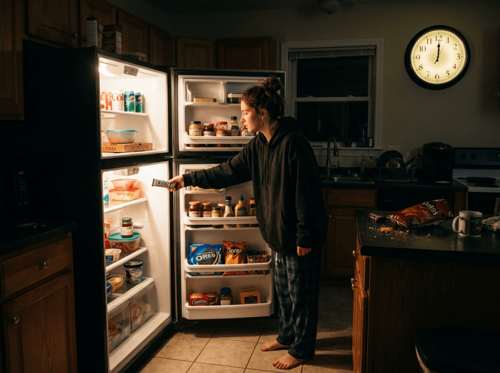 Person in pajamas taking a chocolate bar from an open refrigerator at night