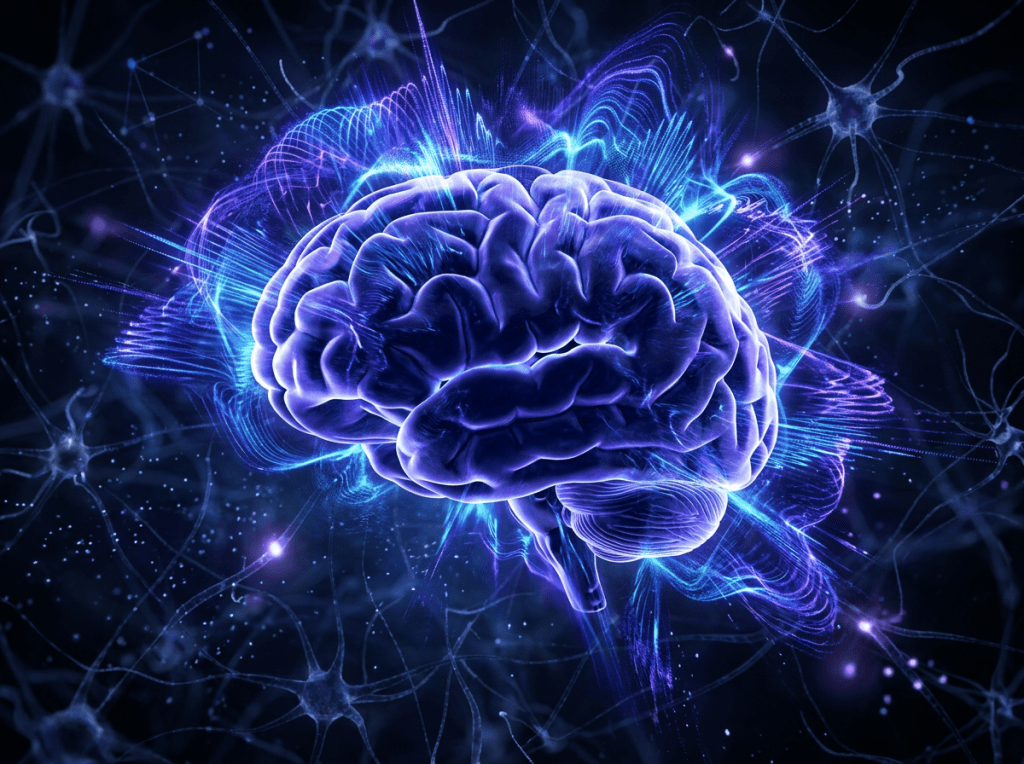 Glowing purple human brain surrounded by neural networks and electric wave patterns