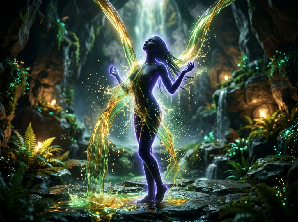 A glowing fairy with golden, liquid-like wings standing in an enchanted forest cave