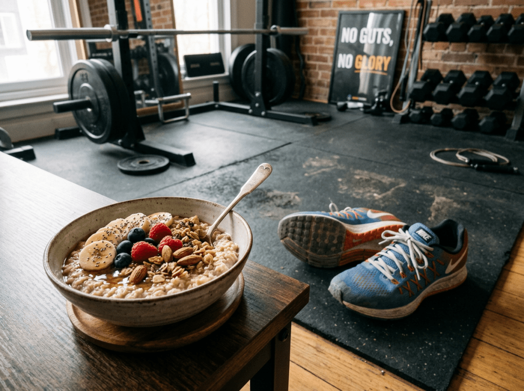 Bowl of oatmeal with fruit and nuts next to shoes in a home gym