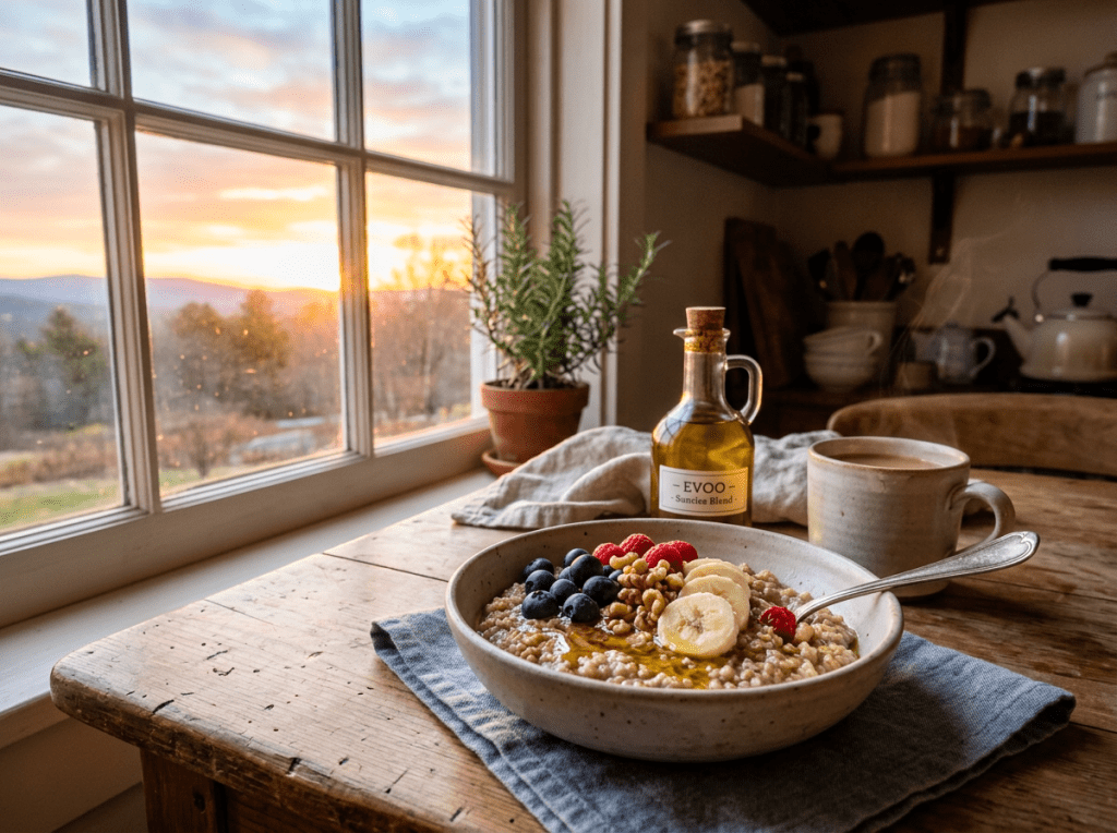 Bowl of oatmeal topped with blueberries, raspberries, walnuts, banana slices, and drizzled with honey on a wooden table near a window at sunrise