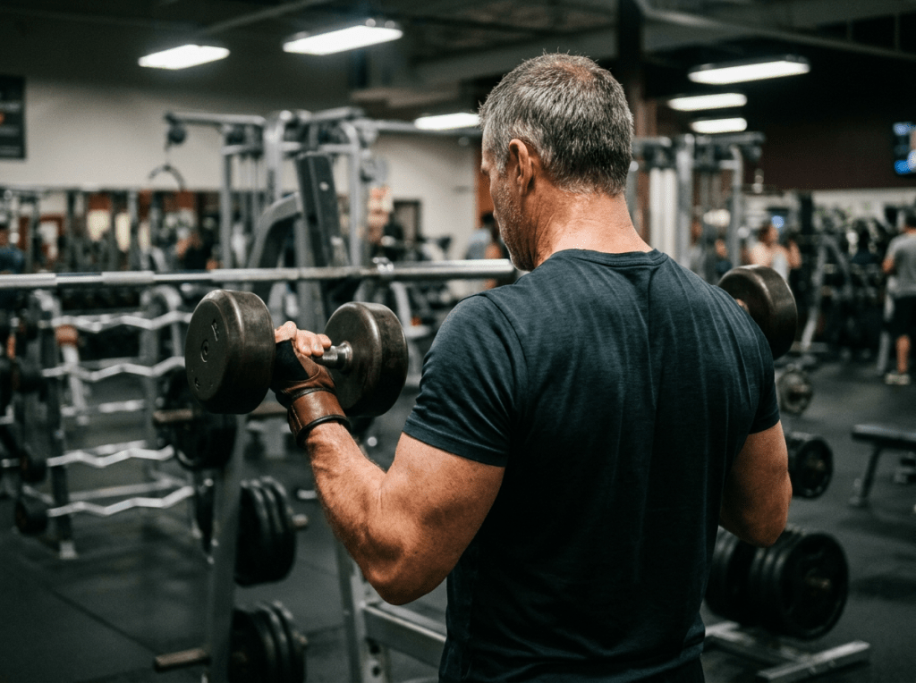 Man lifting dumbbells in a gym setting