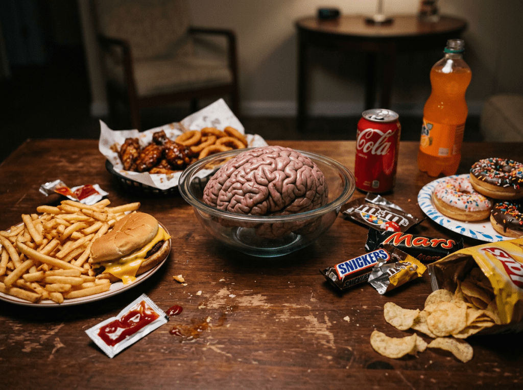 Realistic brain model in glass bowl surrounded by fries, burger, wings, onion rings, soda, candy bars, donuts, and chips