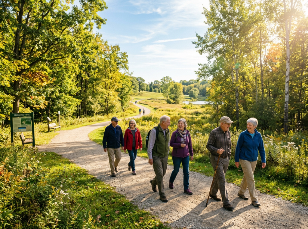 Six elderly adults walking on a sunny forest trail surrounded by trees and greenery
