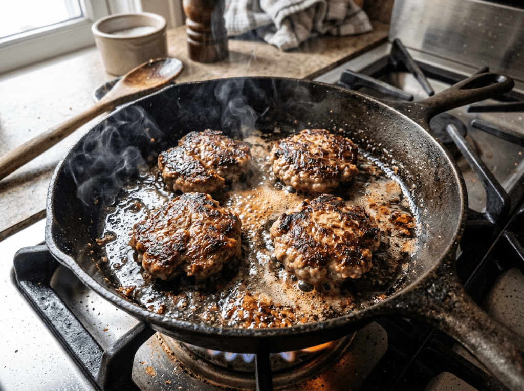 Four searing beef patties cooking in a cast iron skillet on a gas burner with steam rising