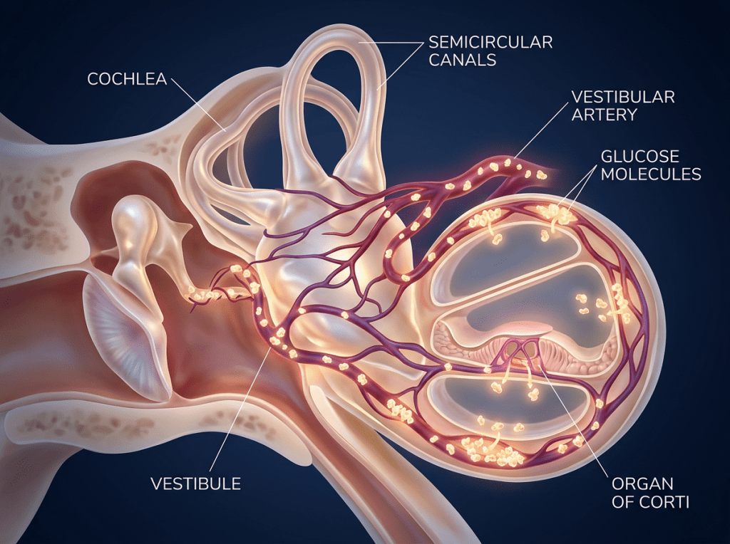 Diagram of inner ear showing cochlea, semicircular canals, vestibule, vestibular artery, glucose molecules, and organ of Corti