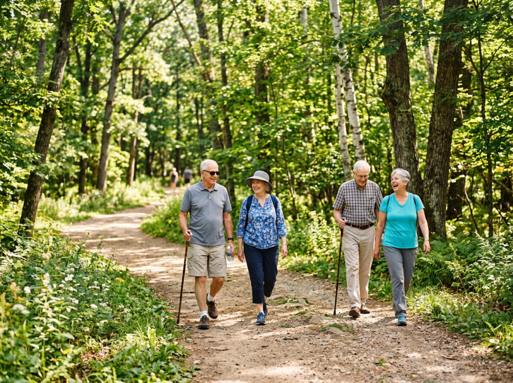Four seniors walking on a shaded dirt trail through a lush green forest