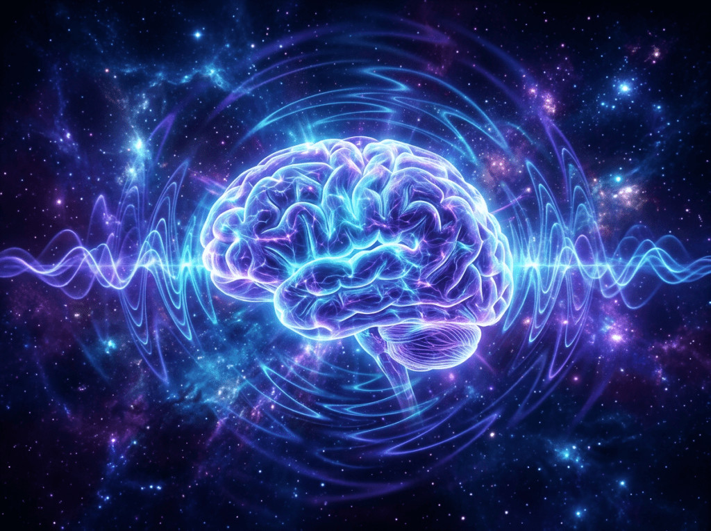 Glowing human brain with neon blue and purple neural waves on a star-filled cosmic background