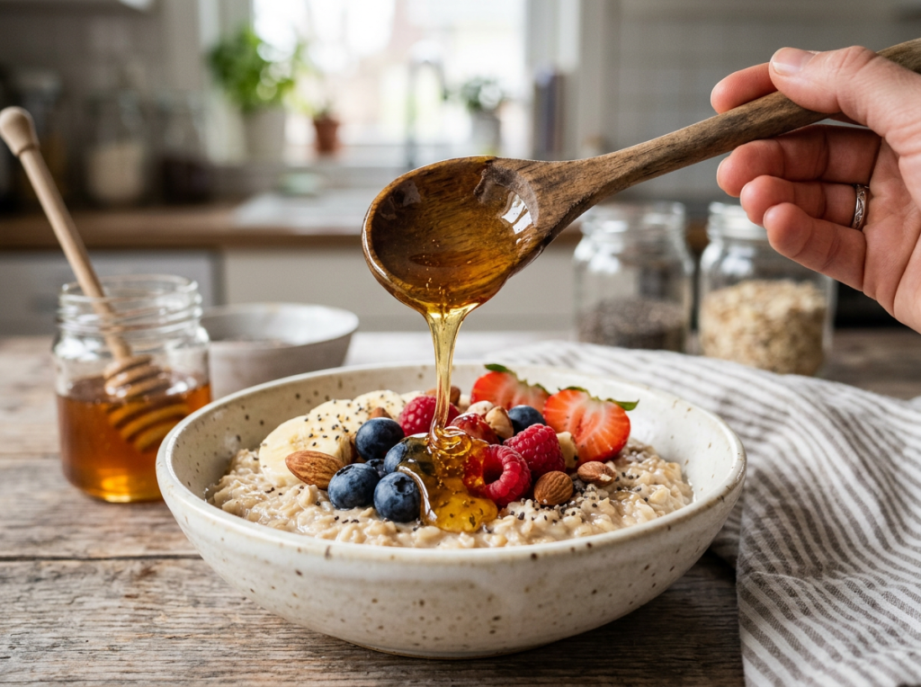Oatmeal bowl topped with strawberries, blueberries, raspberries, banana slices, almonds, chia seeds, and honey drizzle