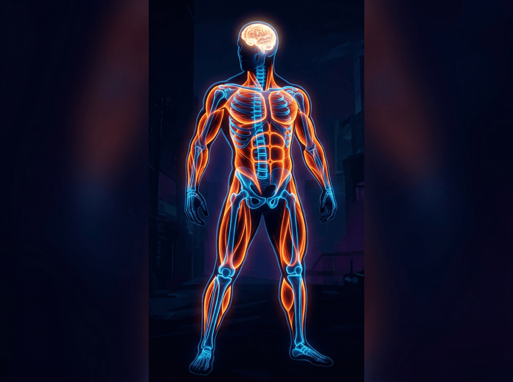 Human anatomy illustration highlighting skeleton, muscles, and brain
