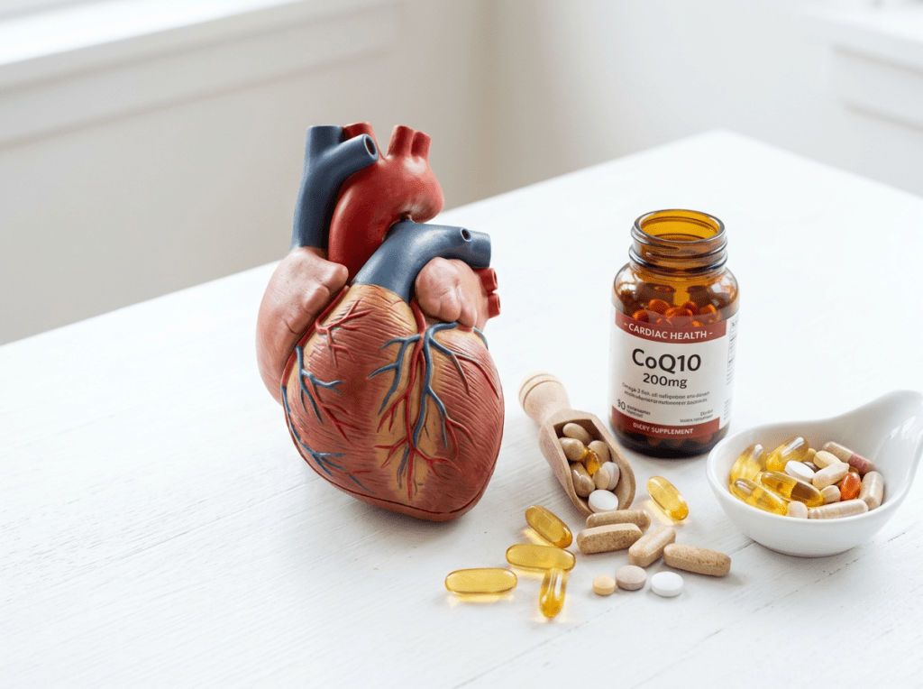 Model of a human heart next to CoQ10 200mg supplement bottle and various pills on a white surface