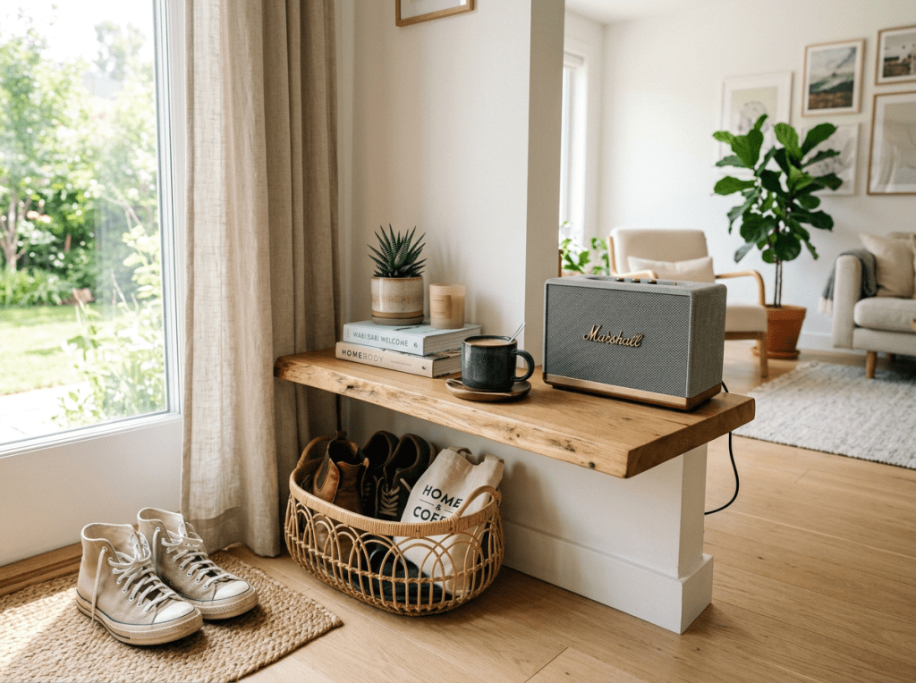 Wooden shelf with books, a plant, a candle, a cup, and a Marshall speaker in a bright living room corner