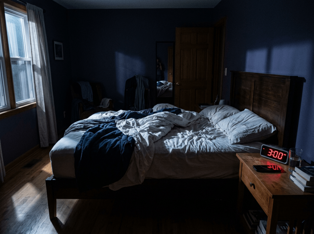 Unmade bed illuminated by faint window light, digital clock reads 3:00 AM