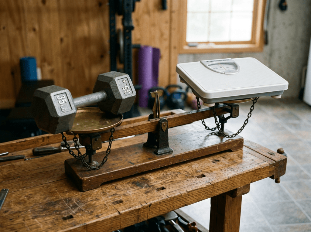 Vintage balance scale with a 35-pound dumbbell on one side and a white scale platform on the other
