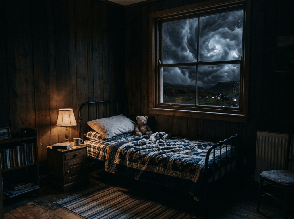 Rustic bedroom with iron bed, patchwork quilt, teddy bear, and swirling storm outside window