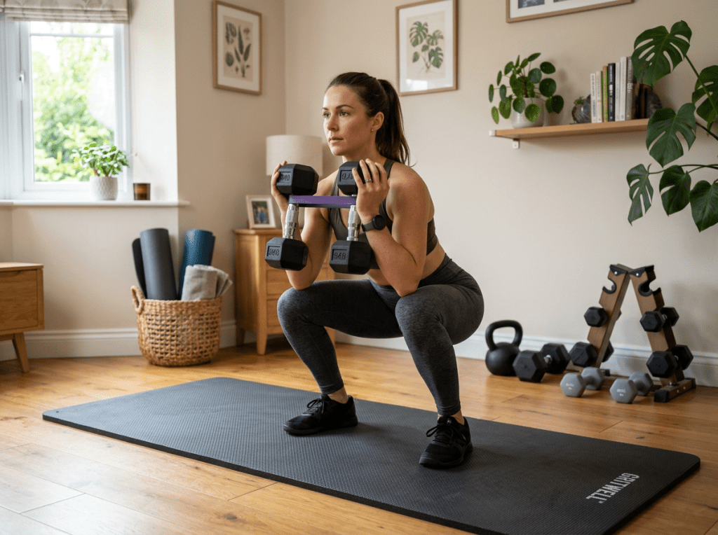 Woman doing squats holding dumbbells connected by a resistance band in a home gym