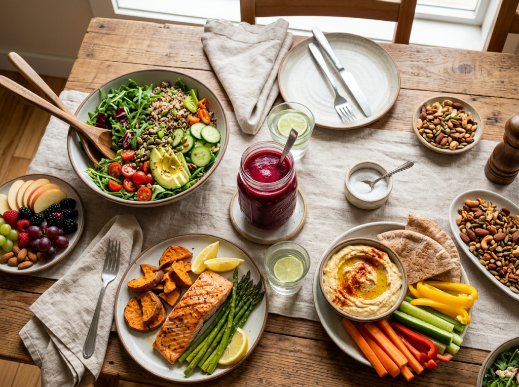 Plate with salmon, sweet potatoes, asparagus, lemon wedges; bowl of salad with avocado and vegetables; bowl of hummus with pita bread and vegetable sticks; plate of mixed nuts; small plate of fresh fruit; glass jars with red smoothie and water with lemon slices