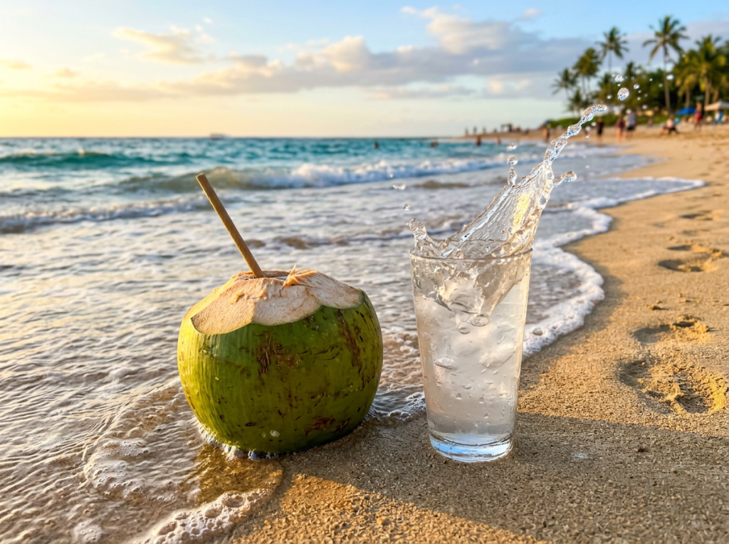 Green coconut with a straw and a glass of coconut water splashing on a sandy beach