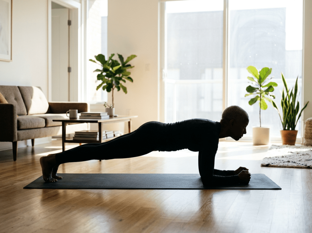 Person in black clothing doing a plank yoga pose on a mat indoors
