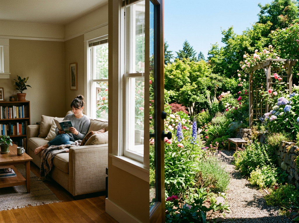 Woman reading book on sofa next to open door leading to vibrant garden