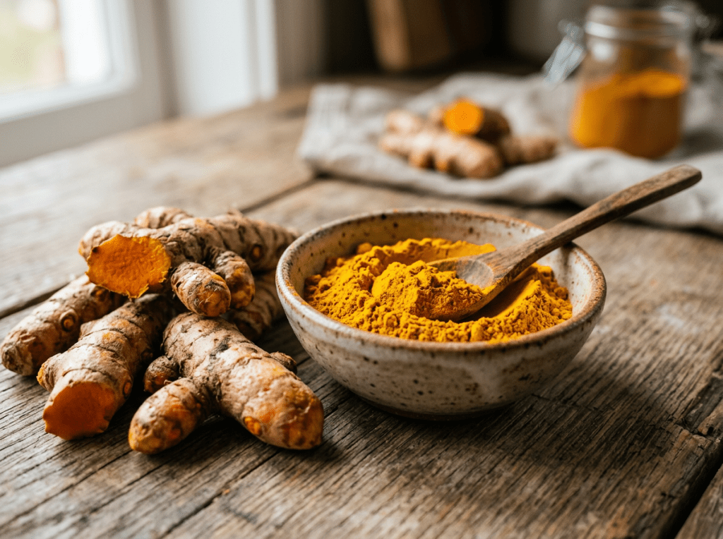 Fresh turmeric roots next to a bowl filled with bright yellow turmeric powder and a wooden spoon