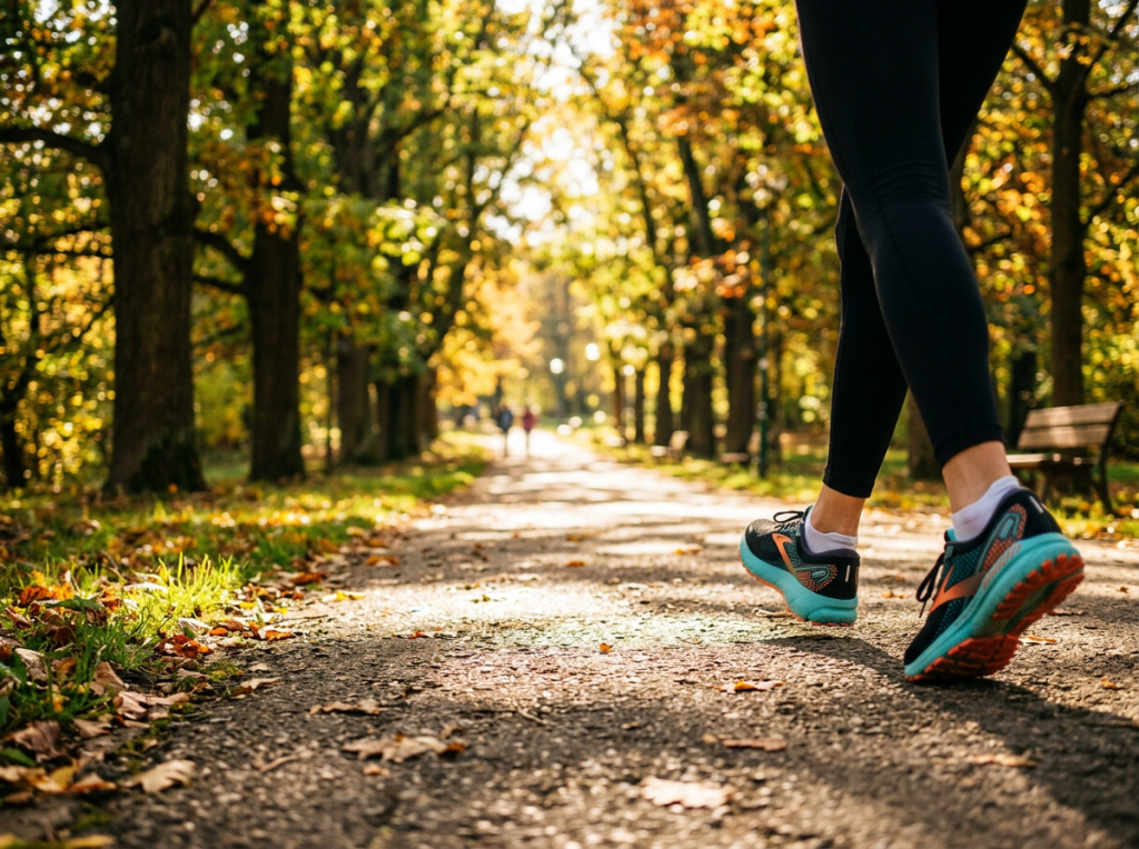 Legs of a person jogging on a leaf-strewn park path surrounded by autumn trees