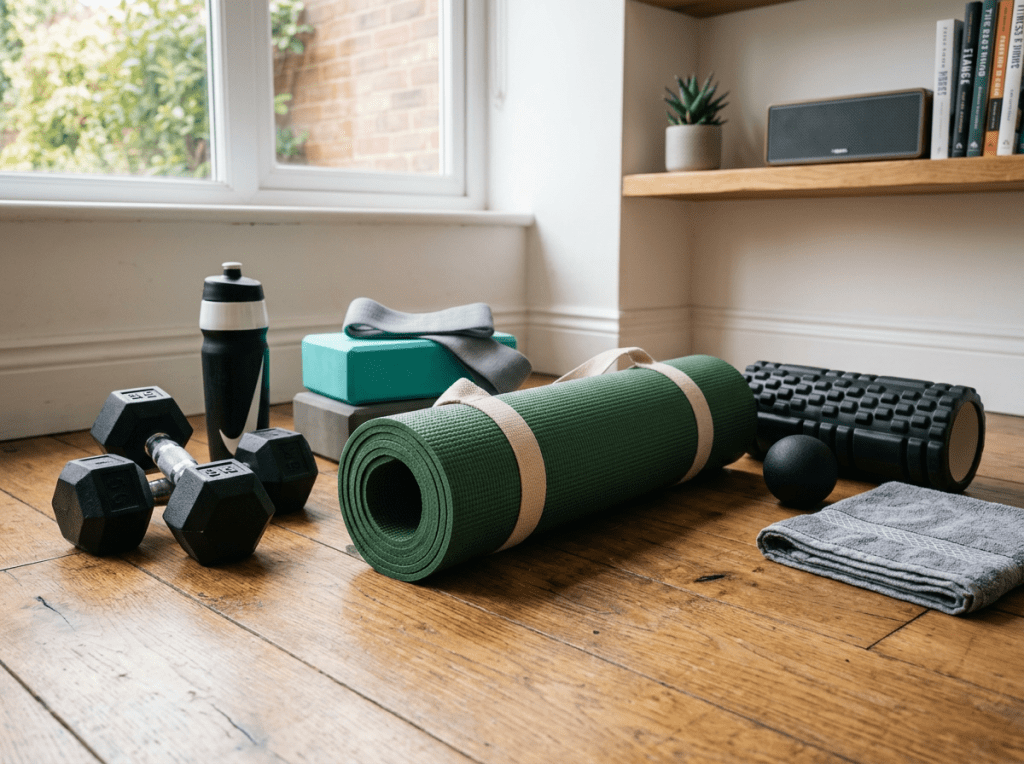 Home workout equipment including dumbbells, yoga mat, foam rollers, towel, and water bottle