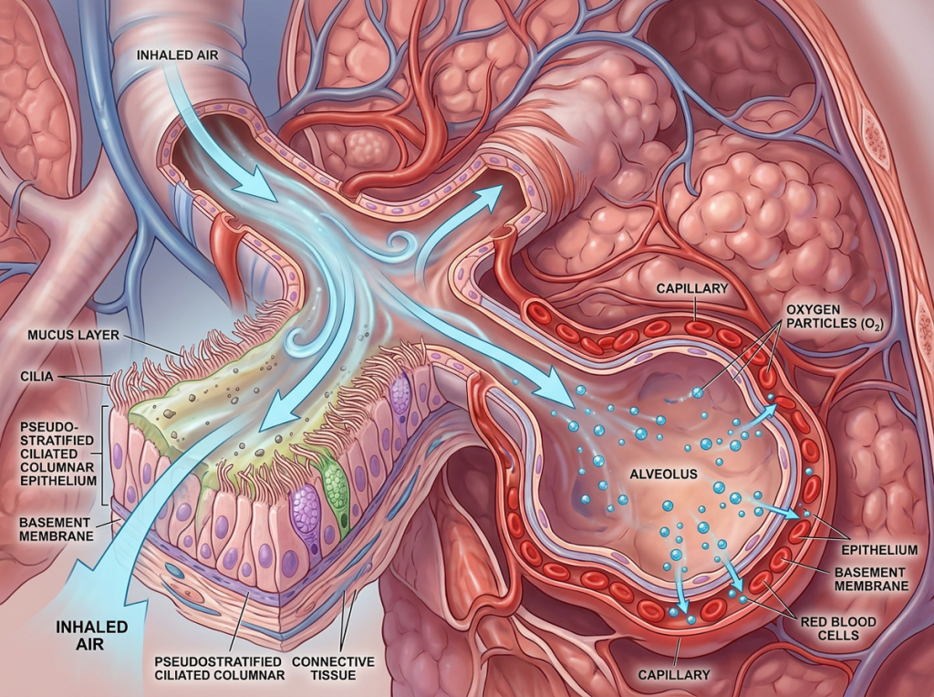 Diagram showing inhaled air moving through ciliated airways into alveoli and blood capillaries