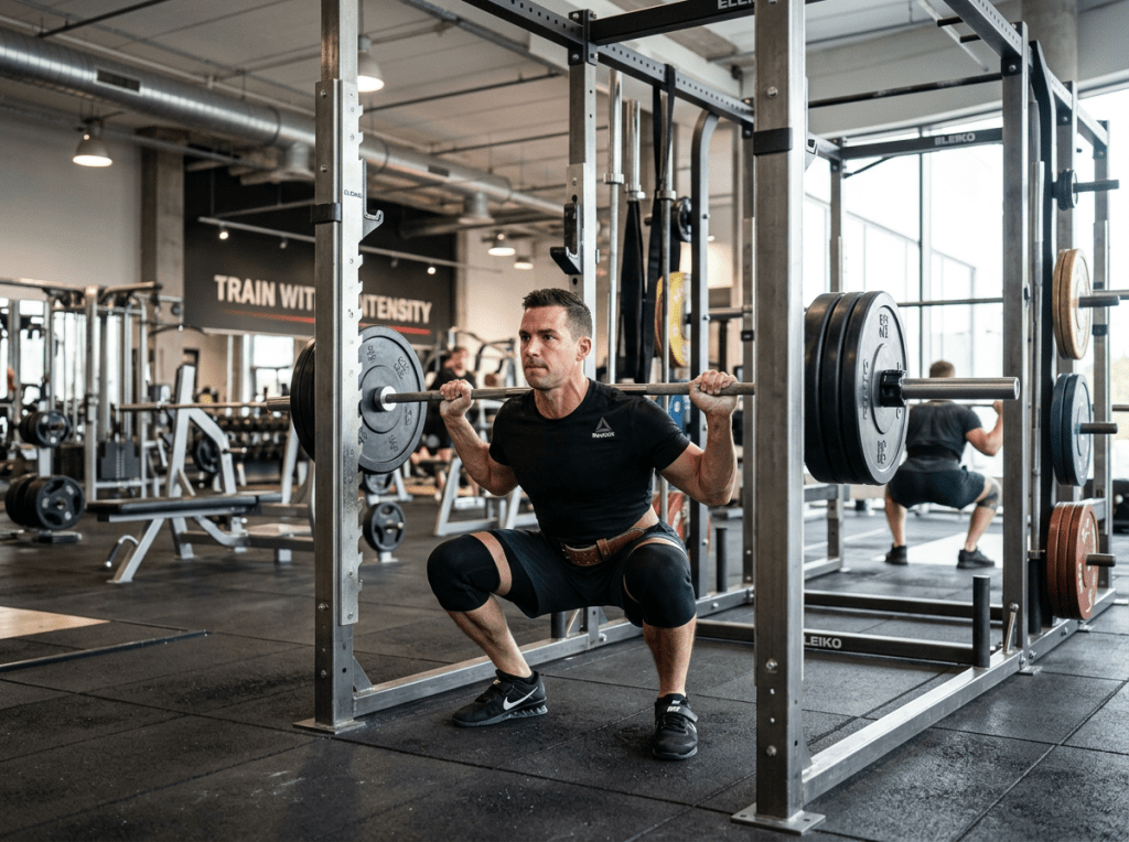 Athlete performing a barbell squat inside a gym power rack