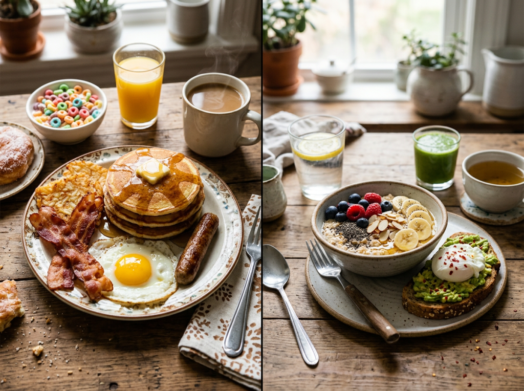 Split breakfast scene with pancakes, eggs, bacon, smoothie bowl, and avocado toast