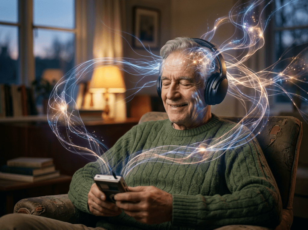 Older man wearing headphones and holding a music player amid glowing sound waves