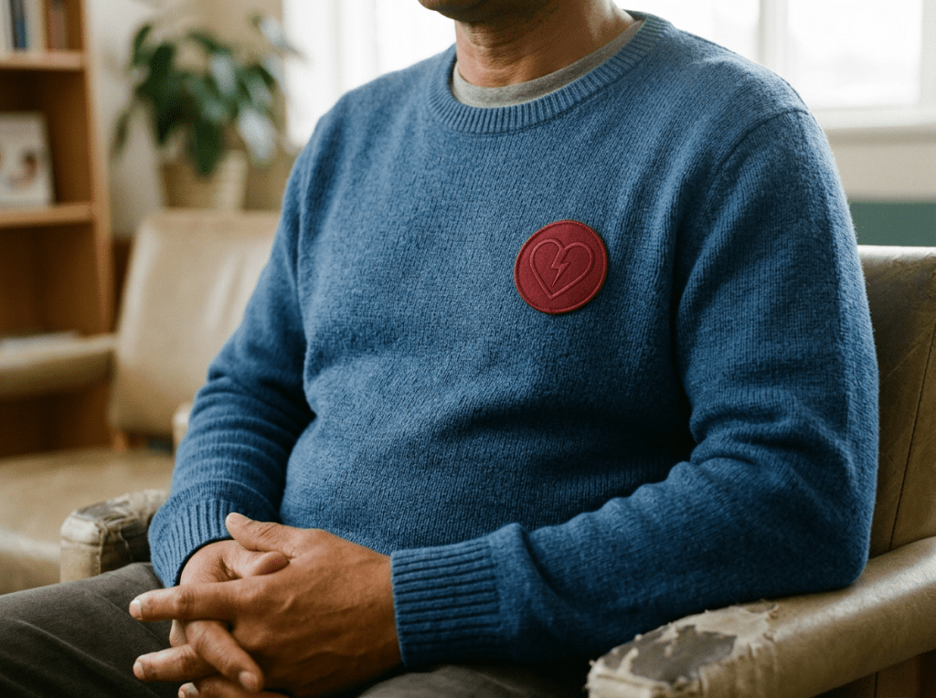 Adult seated in a blue sweater with a red heart health pin