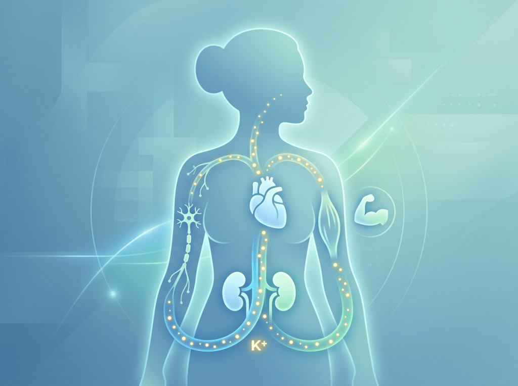 Stylized human silhouette showing heart, kidneys, nerves, muscle, and glowing K+ pathways
