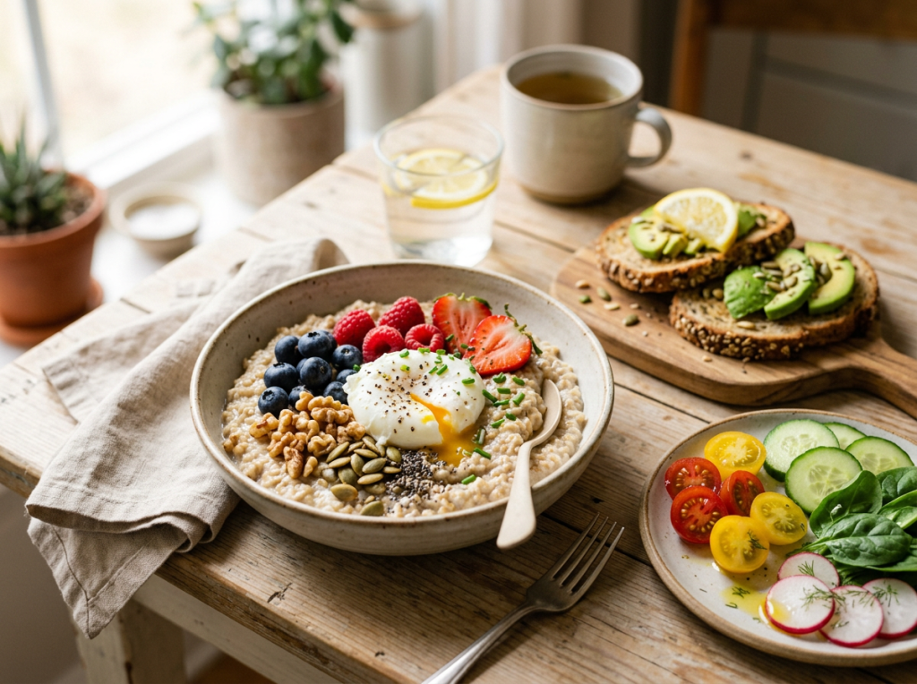Healthy breakfast with berry oats, avocado toast, salad, and tea