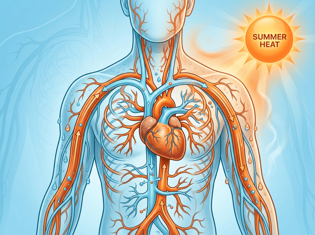 Illustrated human circulatory system with heart and SUMMER HEAT label